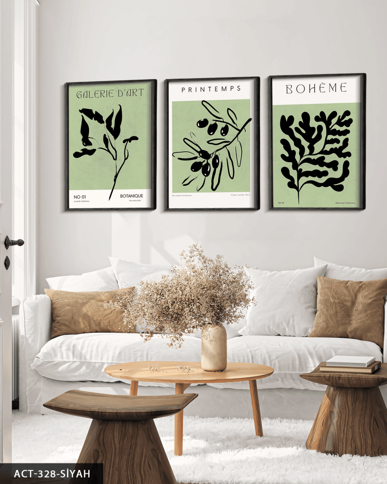 Bohem Tarzda Bitkiler 3 Parça Ahşap Çerçeveli Tablo ACT Siyah - 50 x 70 CM
