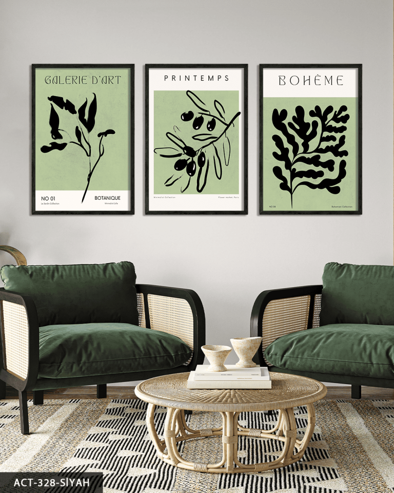 Bohem Tarzda Bitkiler 3 Parça Ahşap Çerçeveli Tablo ACT Siyah - 50 x 70 CM