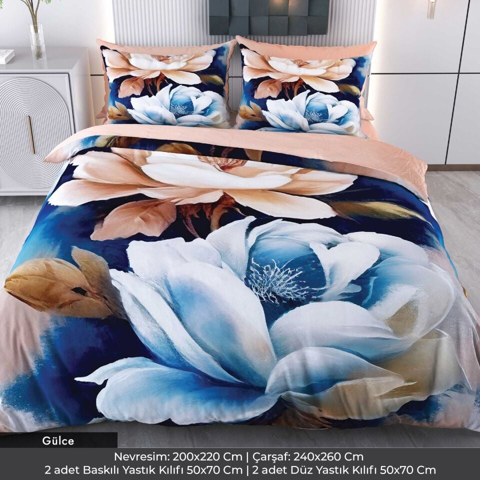 Çiçekler Dijital Baskılı 3D 3 Boyutlu Çift Kişilik Nevresim Takımı Çift Kişilik