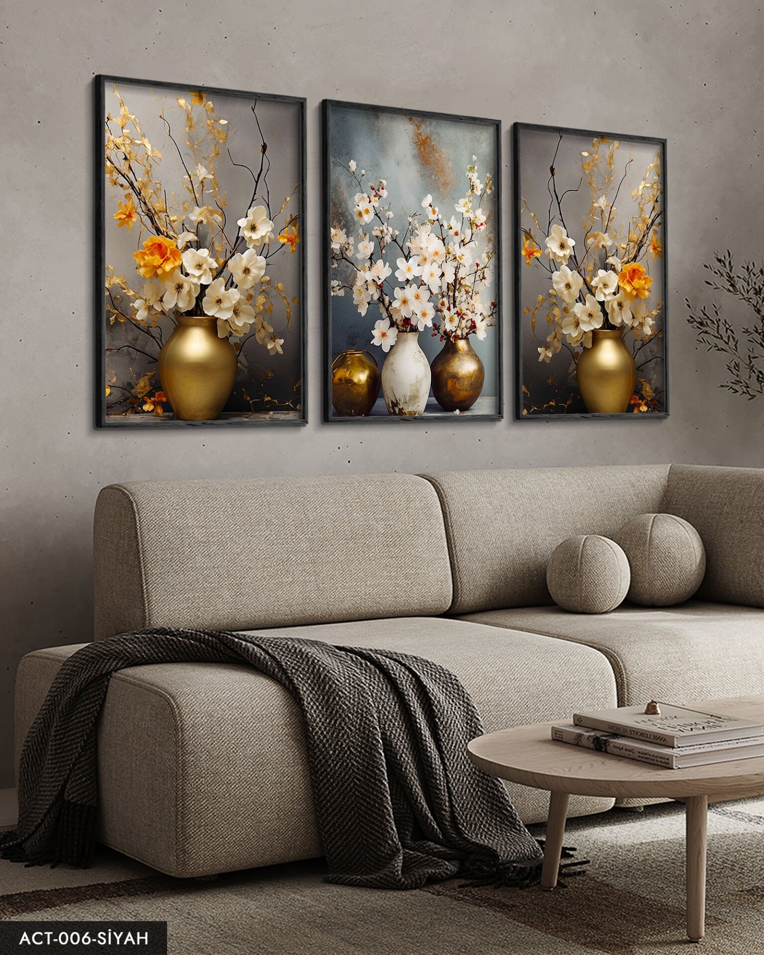 Vazodaki Çiçekler 3 Parça Ahşap Çerçeveli Tablo ACT