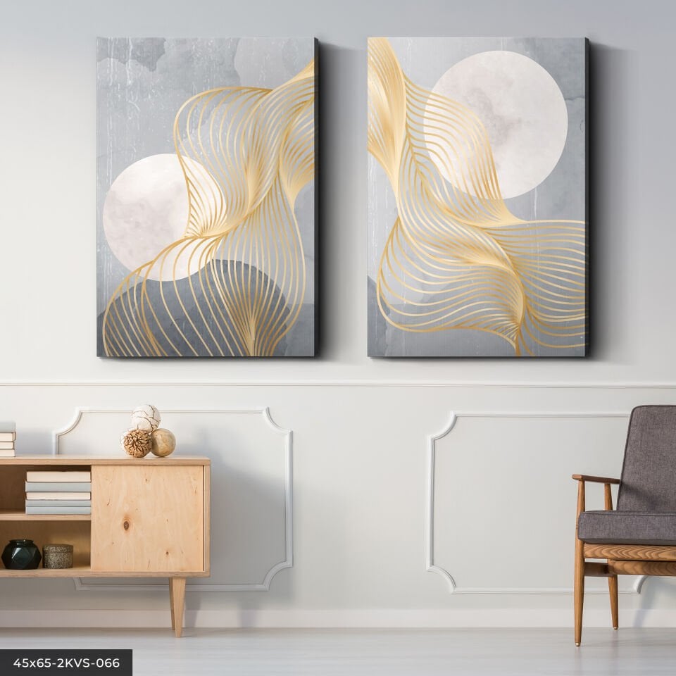 Gri Zeminde Gold Detaylı Dalgalar 2 Parça Kanvas - Canvas Tablo