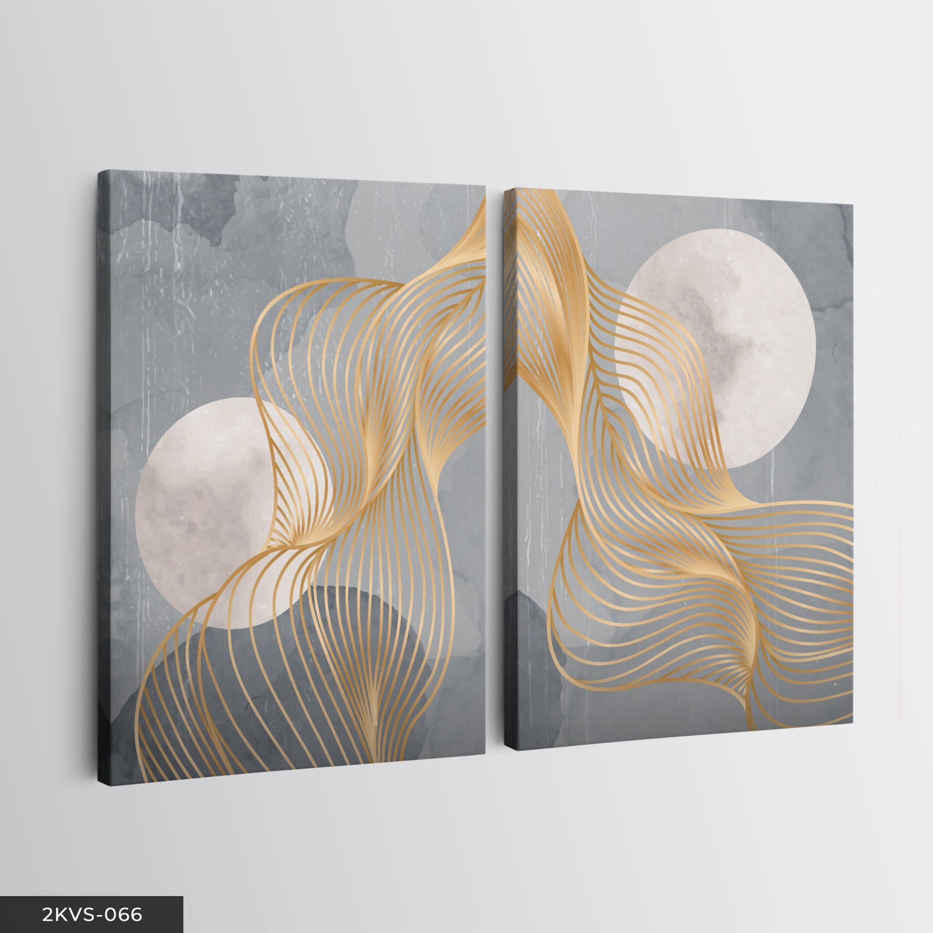 Gri Zeminde Gold Detaylı Dalgalar 2 Parça Kanvas - Canvas Tablo