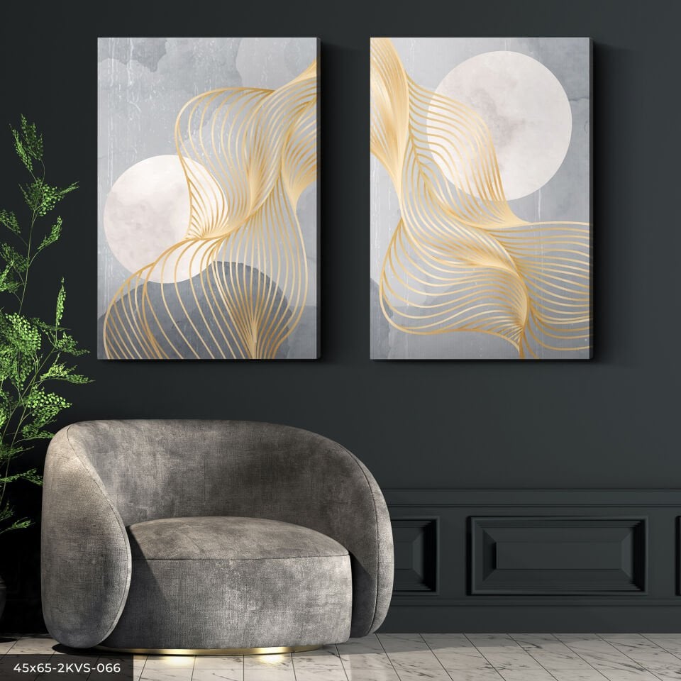 Gri Zeminde Gold Detaylı Dalgalar 2 Parça Kanvas - Canvas Tablo