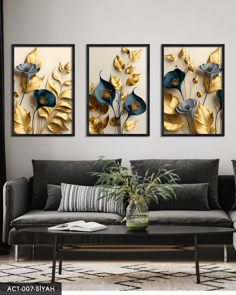 Zarif Altın Yapraklı Çiçekler 3 Parça Ahşap Çerçeveli Tablo ACT