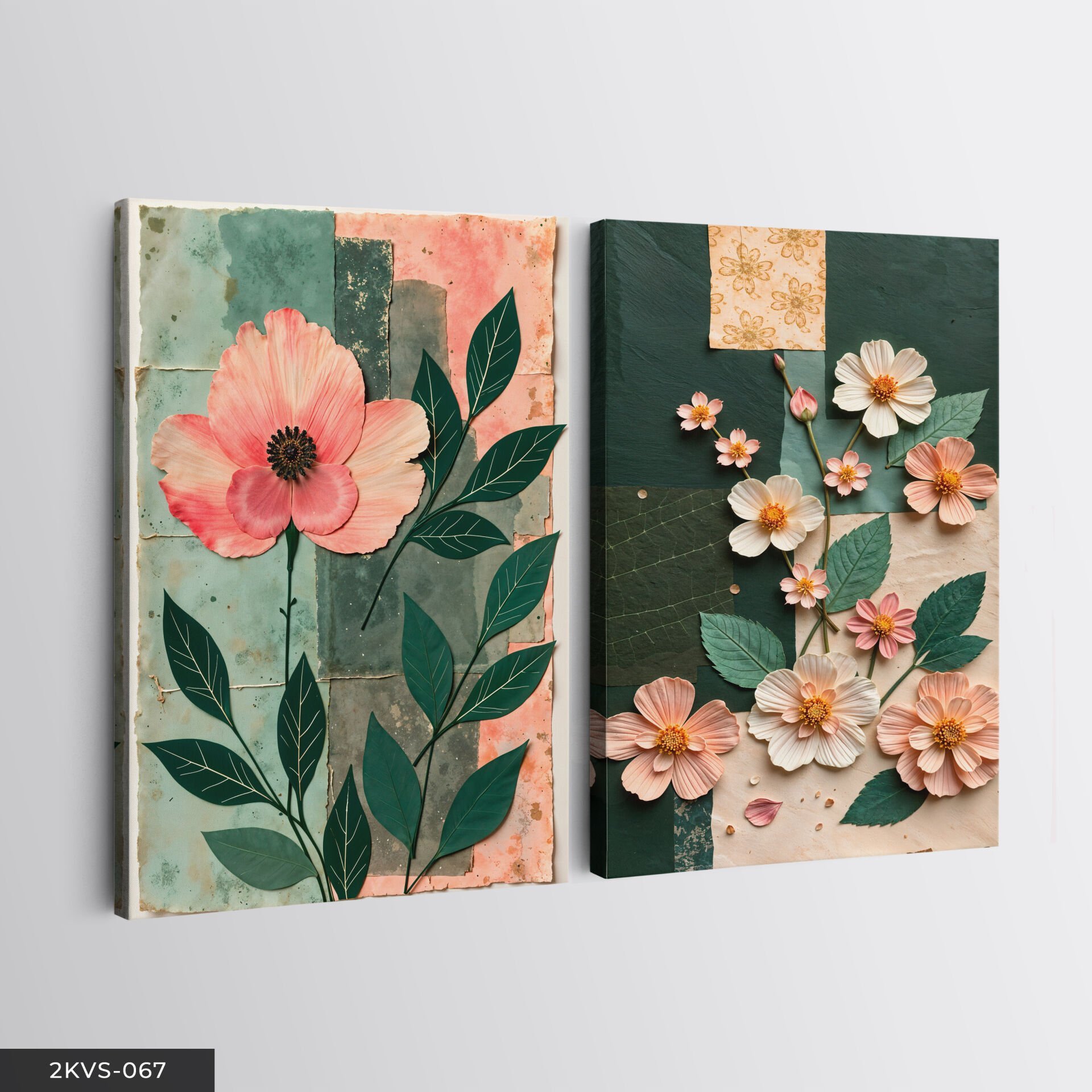 Soft Çiçekler ve Yaprak 2 Parça Kanvas - Canvas Tablo