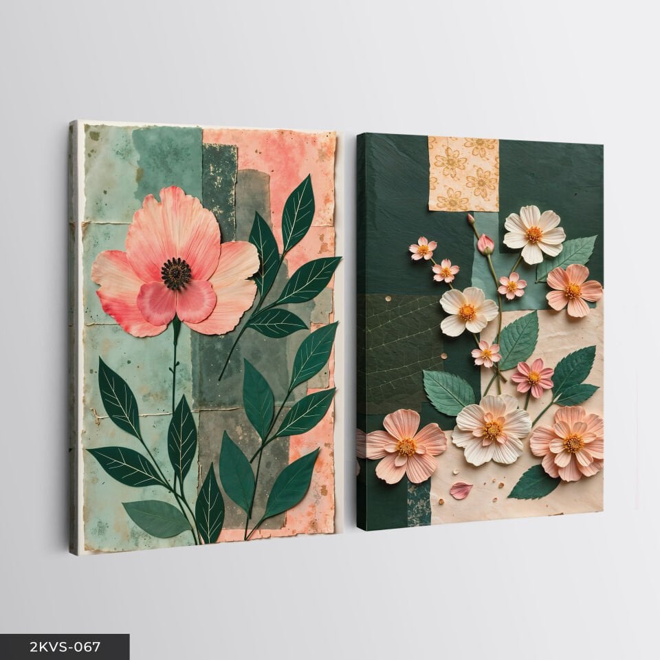Soft Çiçekler ve Yaprak 2 Parça Kanvas - Canvas Tablo