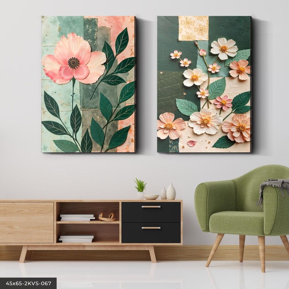 Soft Çiçekler ve Yaprak 2 Parça Kanvas - Canvas Tablo