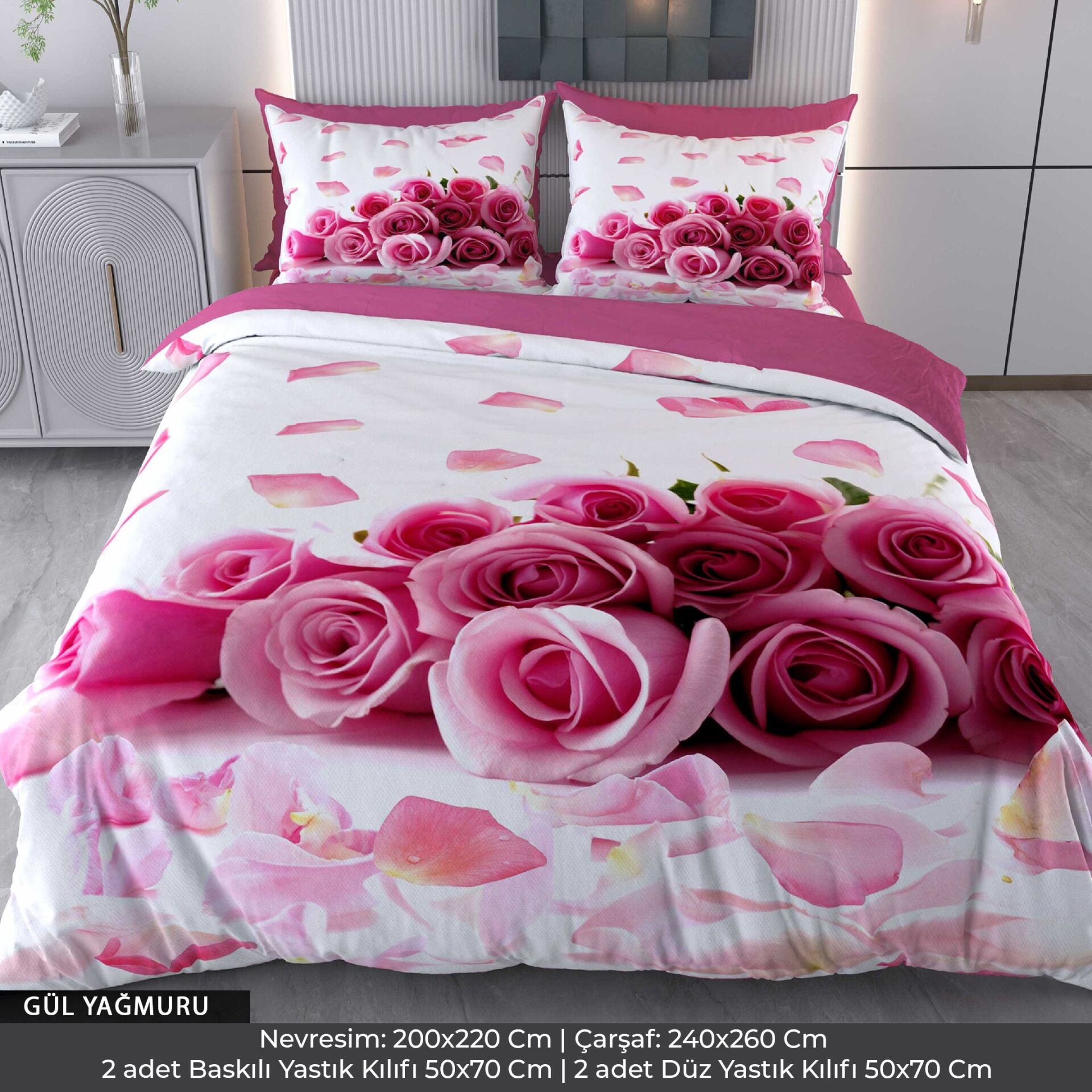 Gül Yağmuru Dijital Baskılı 3D 3 Boyutlu Çift Kişilik Nevresim Takımı Çift Kişilik