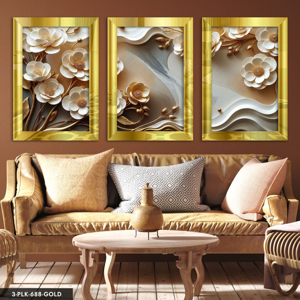 Gold Yapraklı Zarif Beyaz Çiçekler 3 Parça Pleksi Aynalı Tablo 40 x 60 CM - Gold