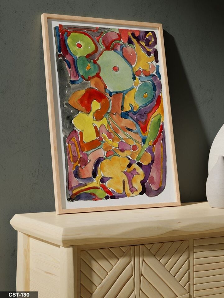 Renkli Figürlü Soyut Tek Parça Ahşap Çerçeveli Tablo Naturel - 20 x 30 CM