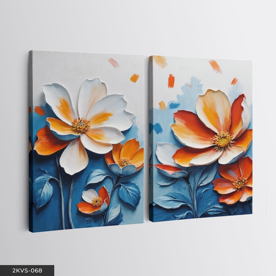 Dokulu Görünüm Çiçek 2 Parça Kanvas - Canvas Tablo