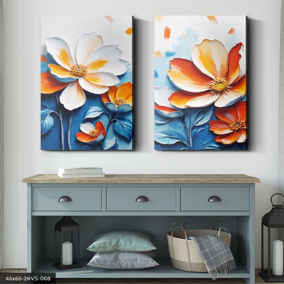 Dokulu Görünüm Çiçek 2 Parça Kanvas - Canvas Tablo