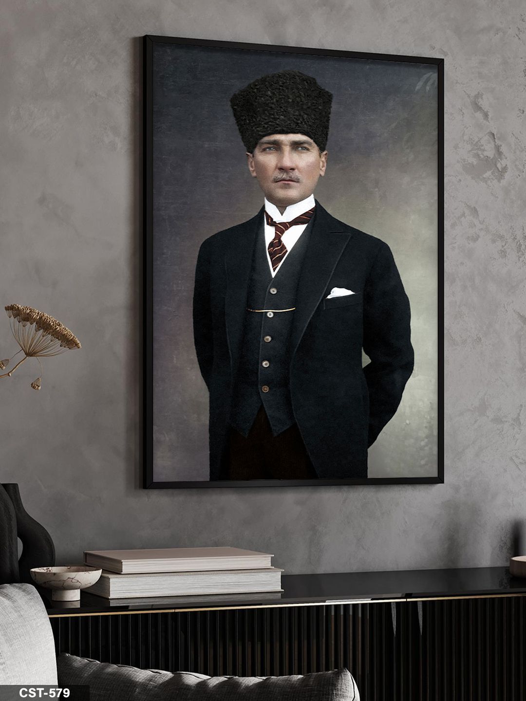 Mustafa Kemal Atatürk Tek Parça Ahşap Çerçeveli Tablo Siyah - 40 x 60 CM
