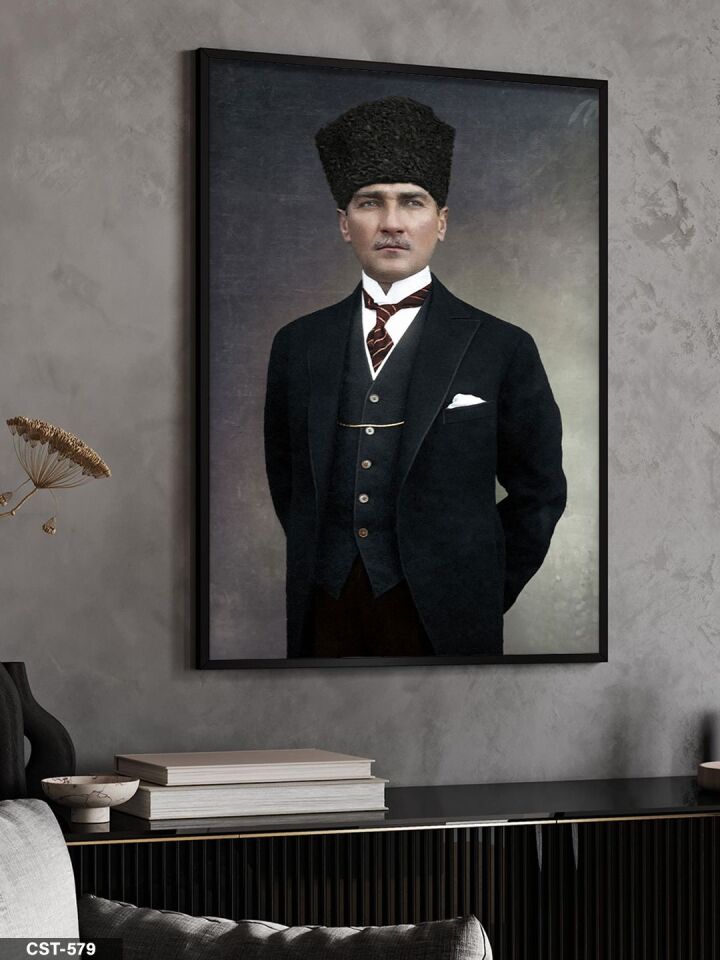 Mustafa Kemal Atatürk Tek Parça Ahşap Çerçeveli Tablo Siyah - 40 x 60 CM