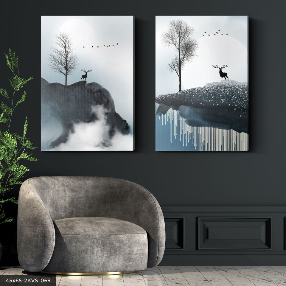 Minimalist Geyik ve Ağaç 2 Parça Kanvas - Canvas Tablo