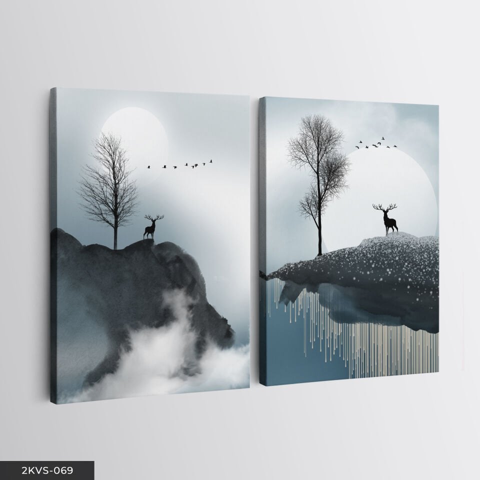 Minimalist Geyik ve Ağaç 2 Parça Kanvas - Canvas Tablo