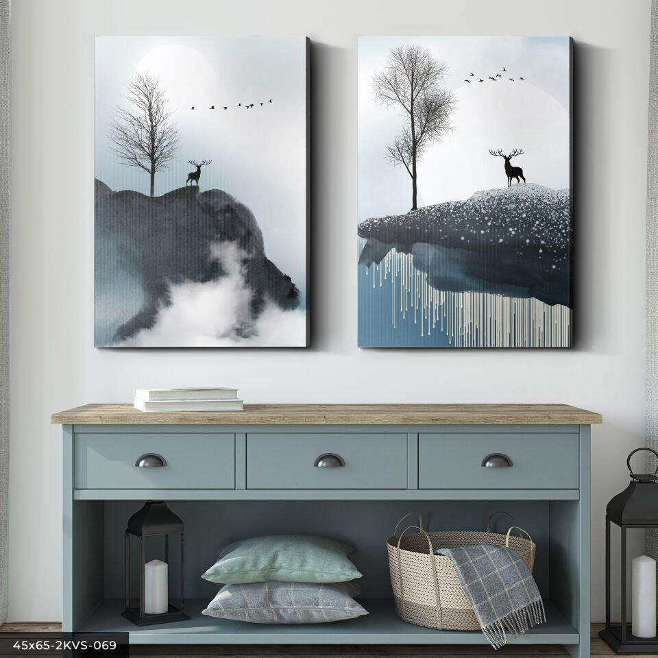 Minimalist Geyik ve Ağaç 2 Parça Kanvas - Canvas Tablo
