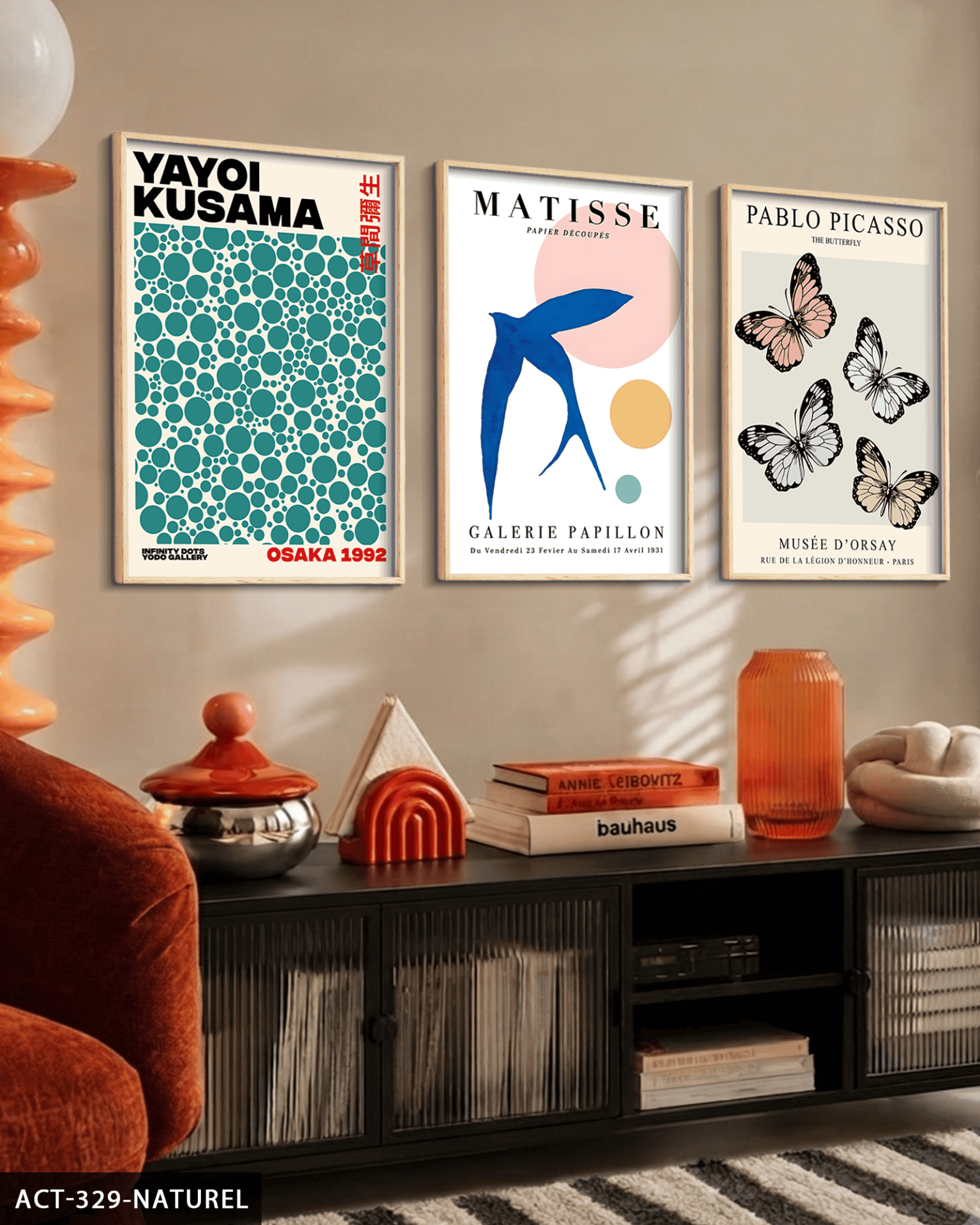 Yayoi Kusama & Matisse & Picasso 3 Parça Ahşap Çerçeveli Tablo ACT Naturel - 50 x 70 CM