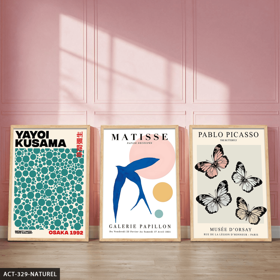 Yayoi Kusama & Matisse & Picasso 3 Parça Ahşap Çerçeveli Tablo ACT Naturel - 50 x 70 CM
