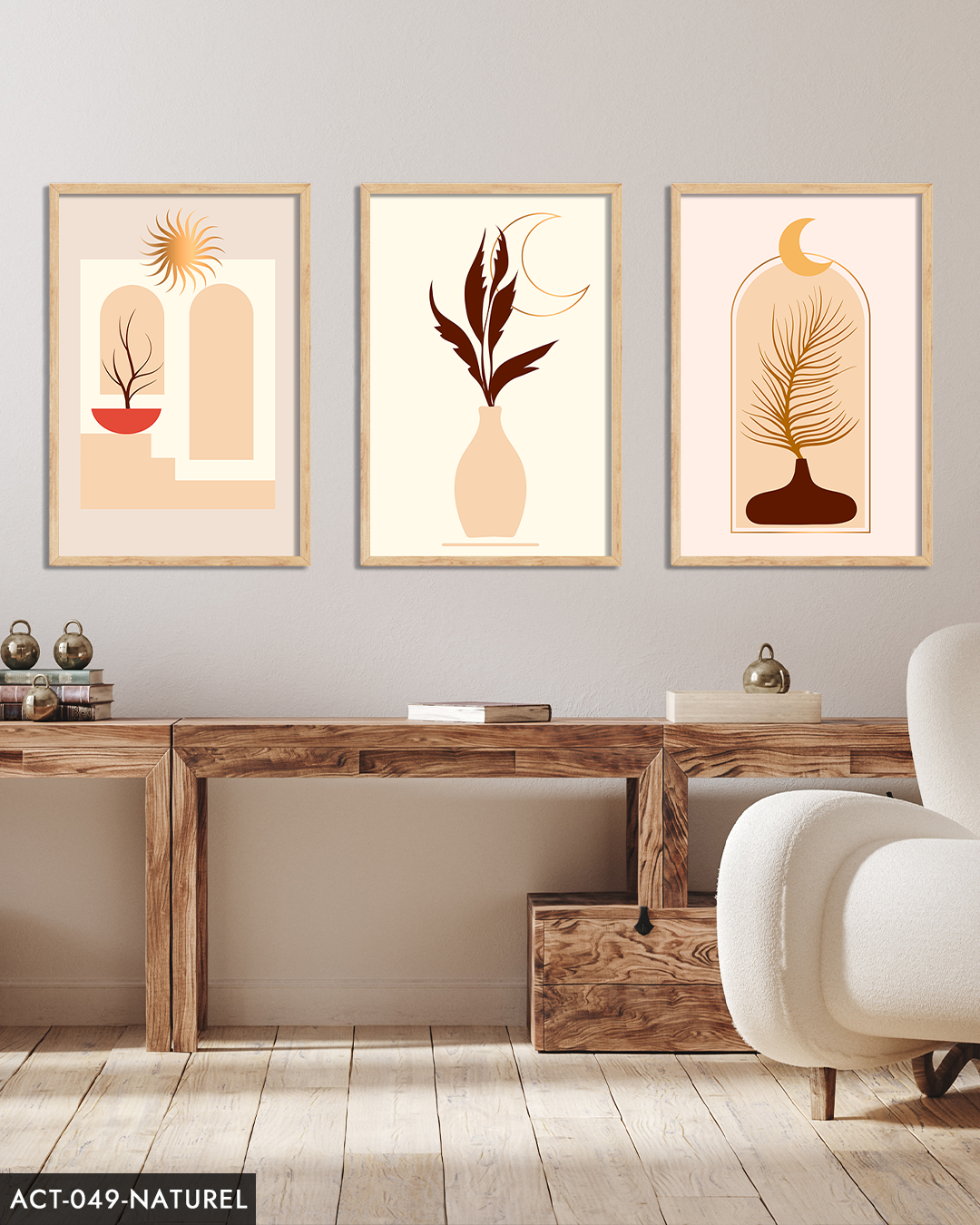 Soyut Tasarım Çizim Bohem Tarzı 3 Parça Ahşap Çerçeveli Tablo ACT Siyah - 20 x 30 CM