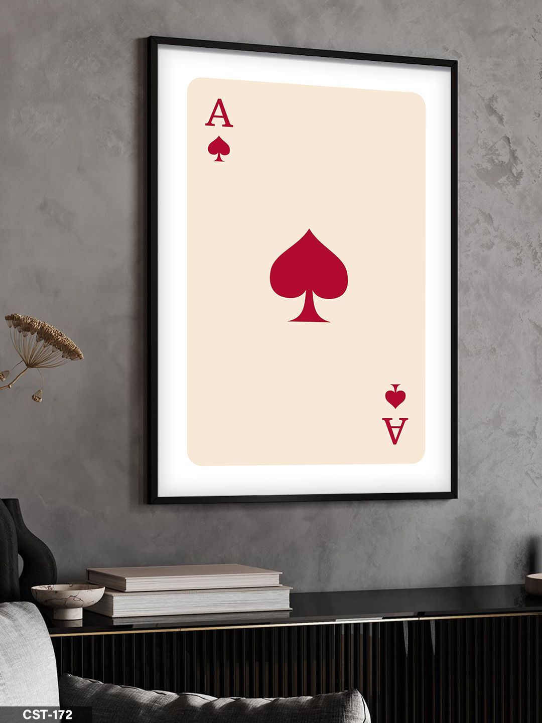 Kupa Ası - Açık Kırmızı Tek Parça Ahşap Çerçeveli Tablo Siyah - 30 x 40 CM