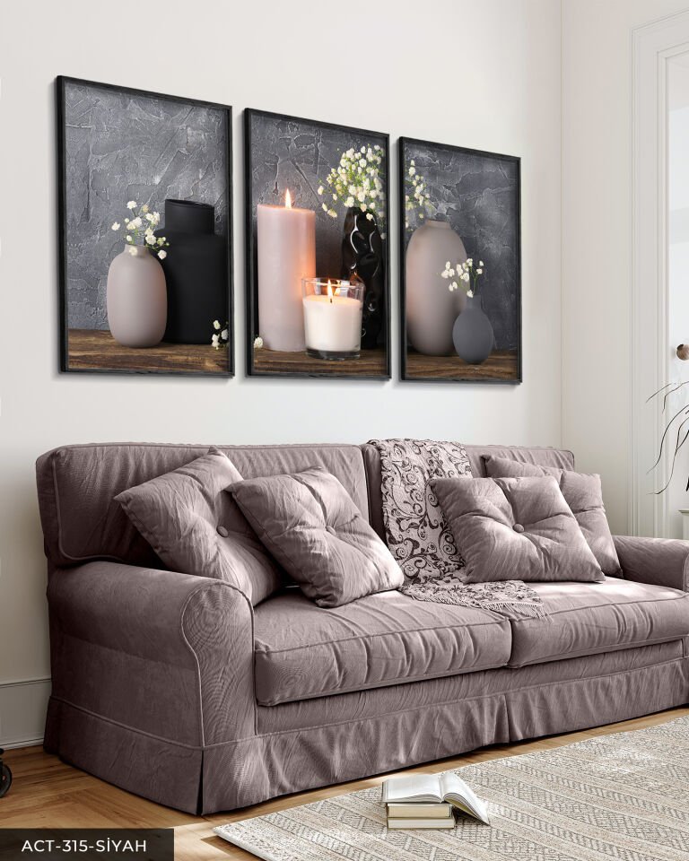Vazoda Çiçekler Mum 3 Parça Ahşap Çerçeveli Tablo ACT Siyah - 30 x 40 CM
