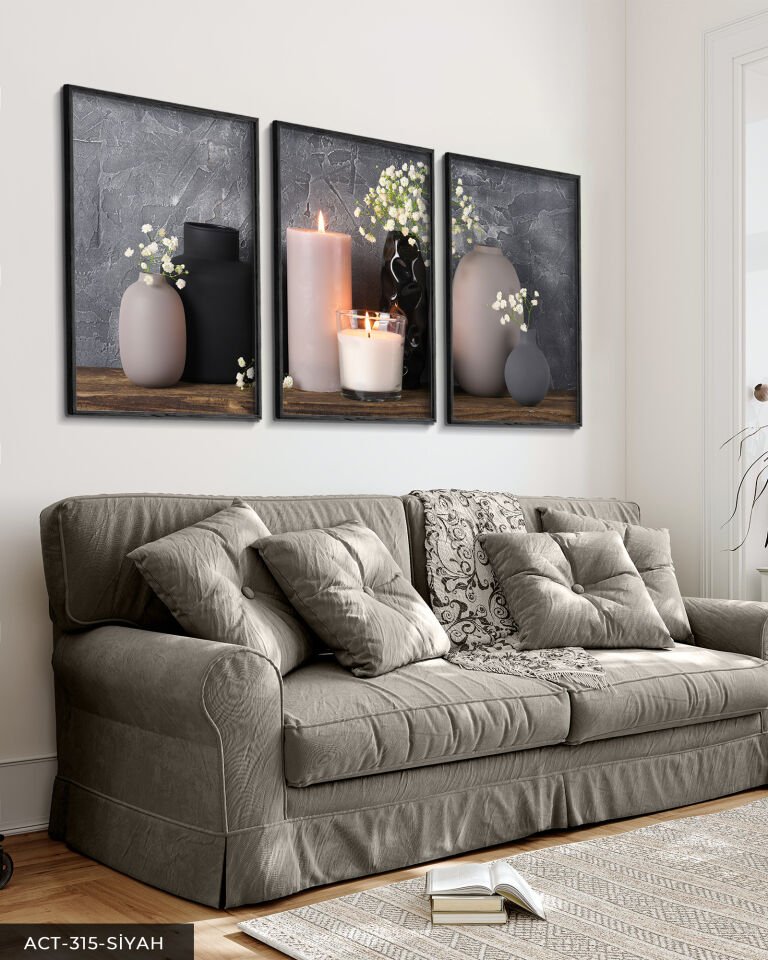 Vazoda Çiçekler Mum 3 Parça Ahşap Çerçeveli Tablo ACT Siyah - 30 x 40 CM