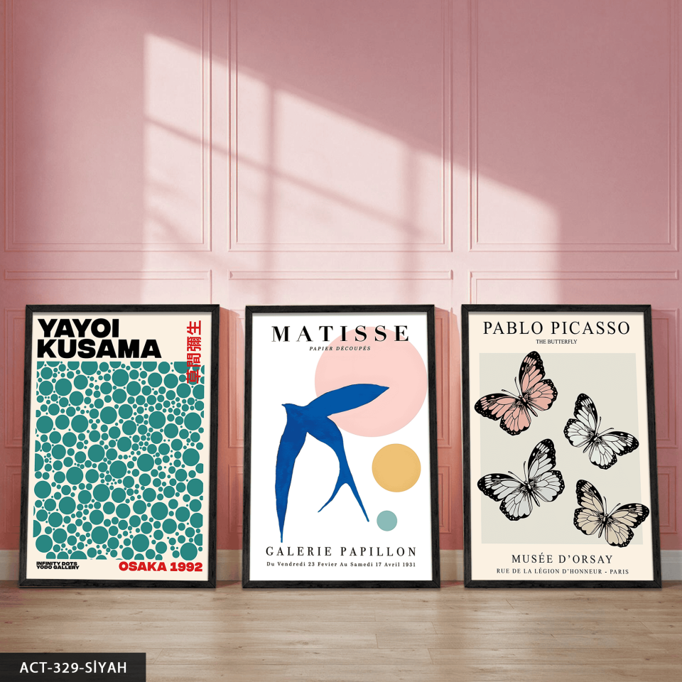 Yayoi Kusama & Matisse & Picasso 3 Parça Ahşap Çerçeveli Tablo ACT Siyah - 30 x 40 CM
