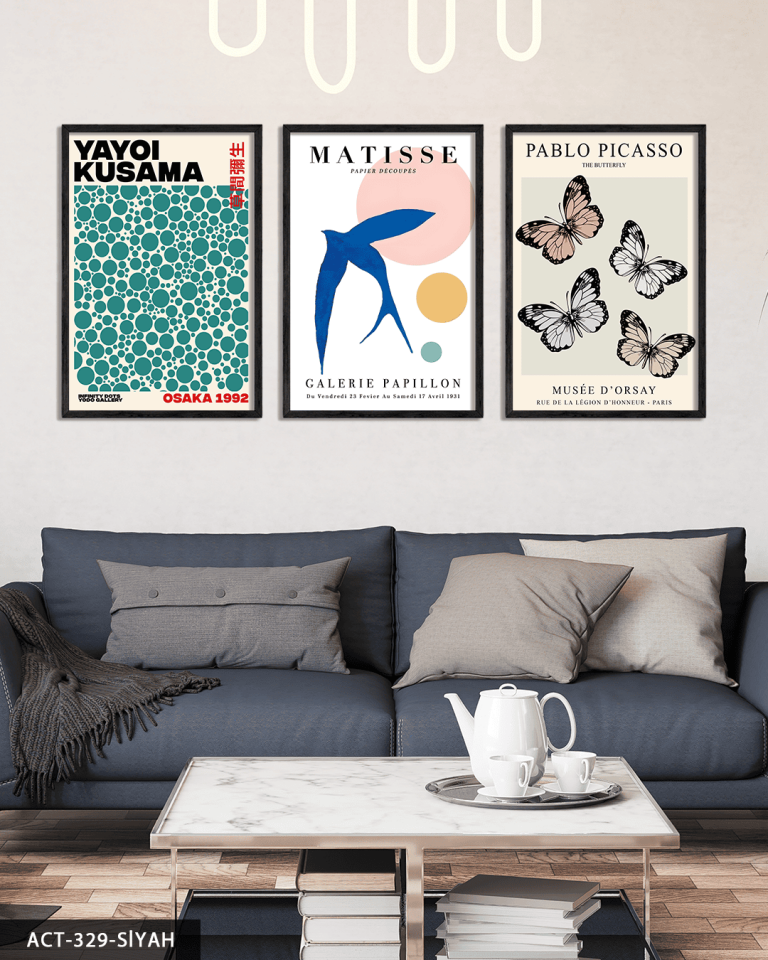 Yayoi Kusama & Matisse & Picasso 3 Parça Ahşap Çerçeveli Tablo ACT Siyah - 30 x 40 CM