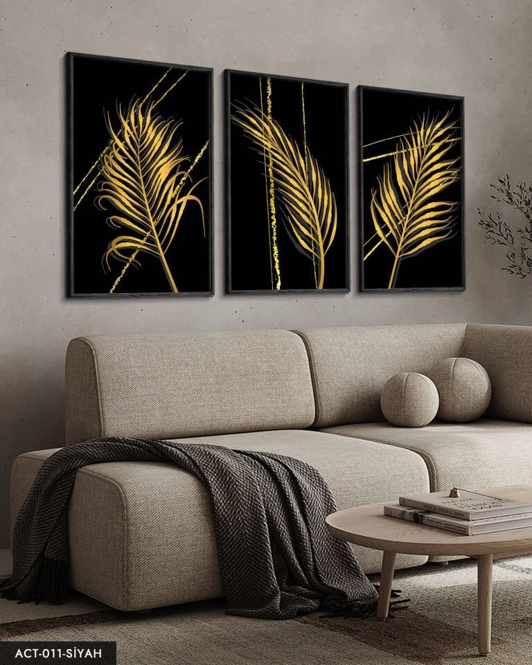 Gold Tüy Desen 3 Parça Ahşap Çerçeveli Tablo ACT