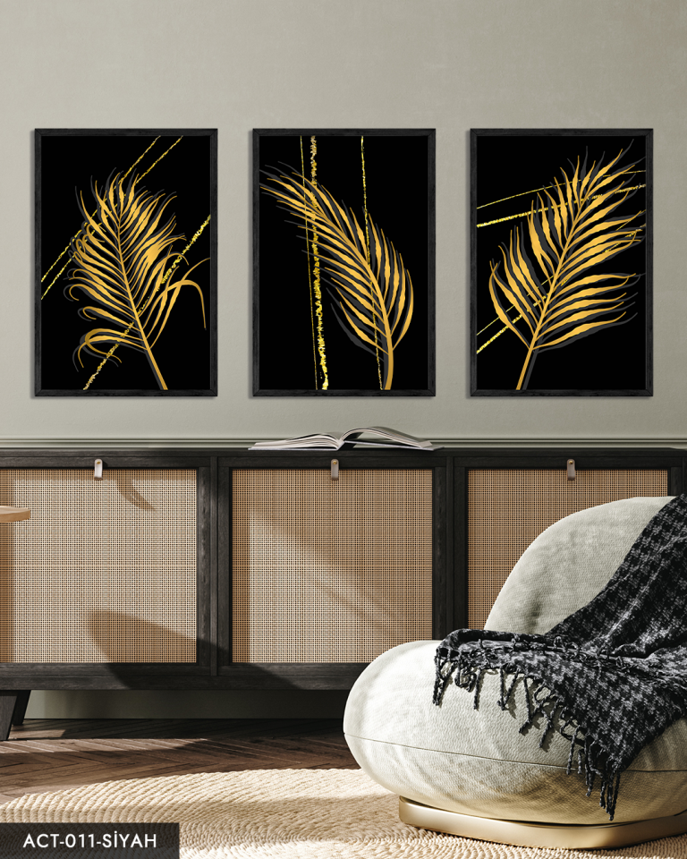 Gold Tüy Desen 3 Parça Ahşap Çerçeveli Tablo ACT