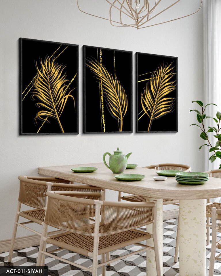 Gold Tüy Desen 3 Parça Ahşap Çerçeveli Tablo ACT
