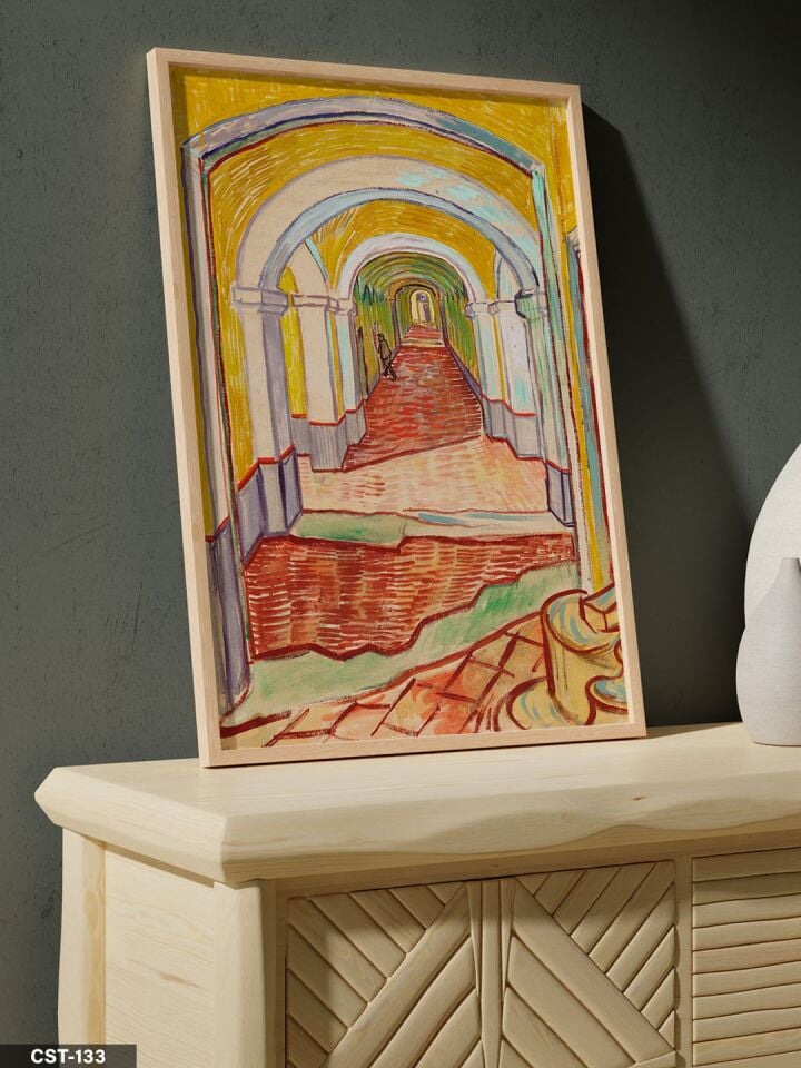 Sarı Tonlarda Mimari Koridor illüstrasyon Tek Parça Ahşap Çerçeveli Tablo Naturel - 20 x 30 CM