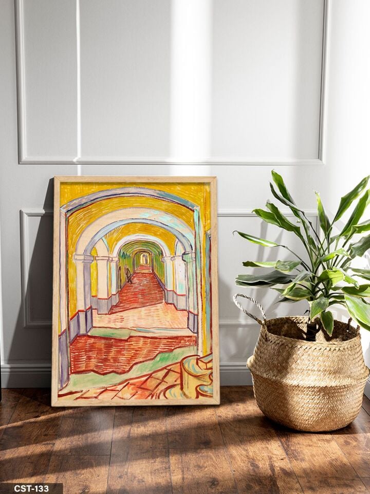 Sarı Tonlarda Mimari Koridor illüstrasyon Tek Parça Ahşap Çerçeveli Tablo Naturel - 20 x 30 CM