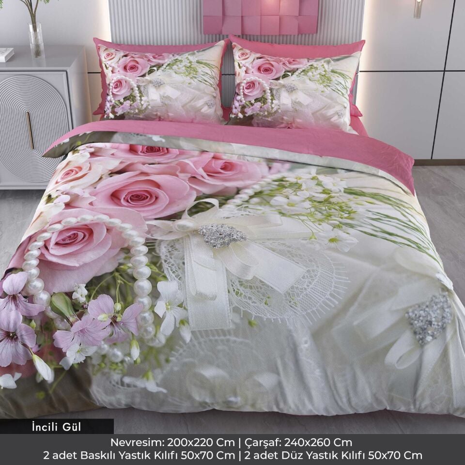 İncili Çiçekler Dijital Baskılı 3D 3 Boyutlu Çift Kişilik Nevresim Takımı Çift Kişilik