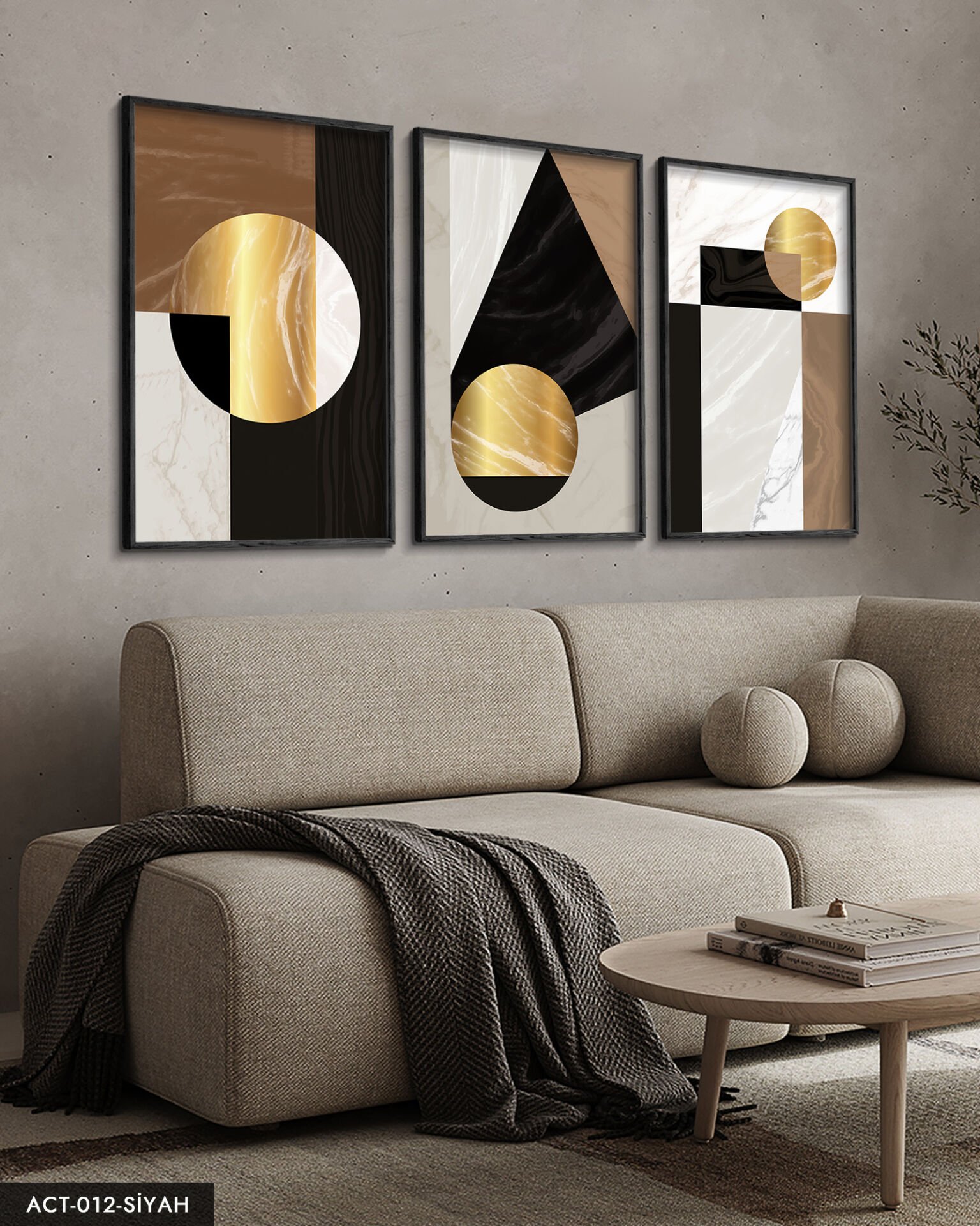 Gold Soyut Desenlerin 3 Parça Ahşap Çerçeveli Tablo ACT