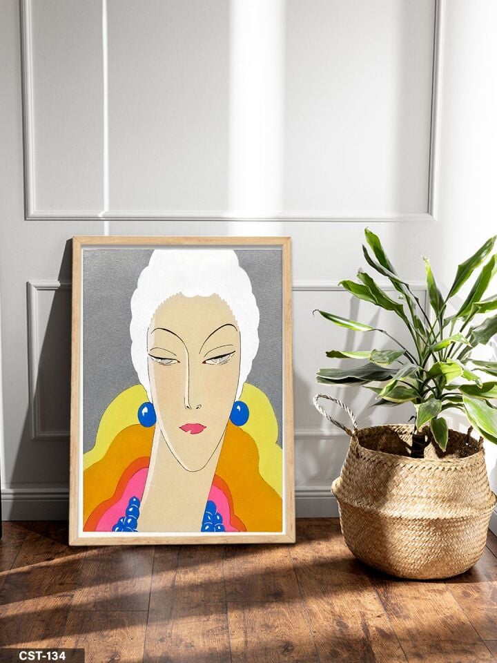 Renkli Yüz Portresi illüstrasyon Tek Parça Ahşap Çerçeveli Tablo Naturel - 20 x 30 CM