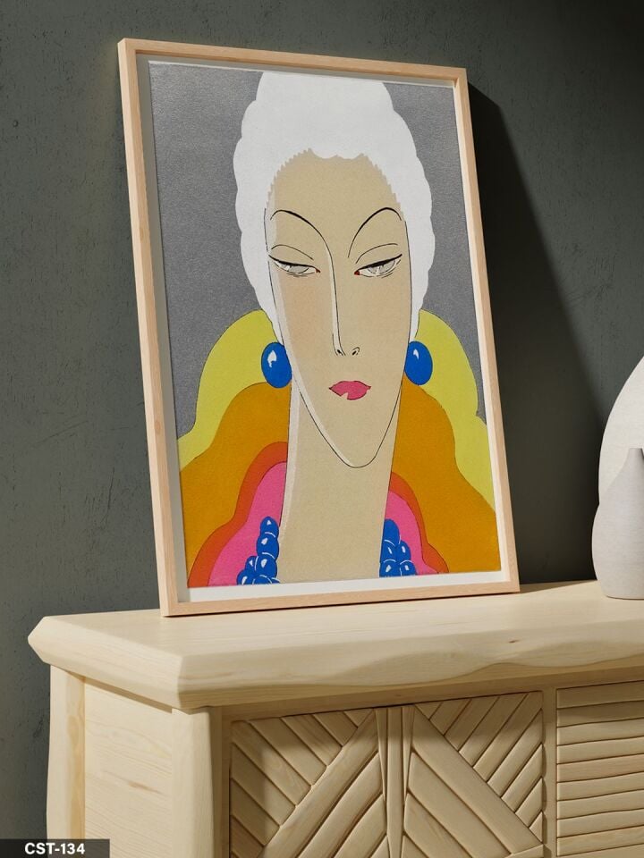 Renkli Yüz Portresi illüstrasyon Tek Parça Ahşap Çerçeveli Tablo Naturel - 20 x 30 CM