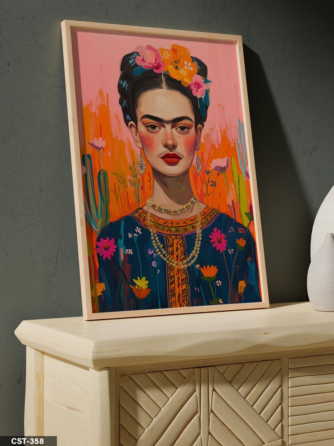 Frida Kahlo Tek Parça Ahşap Çerçeveli Tablo Naturel - 50 x 70 CM