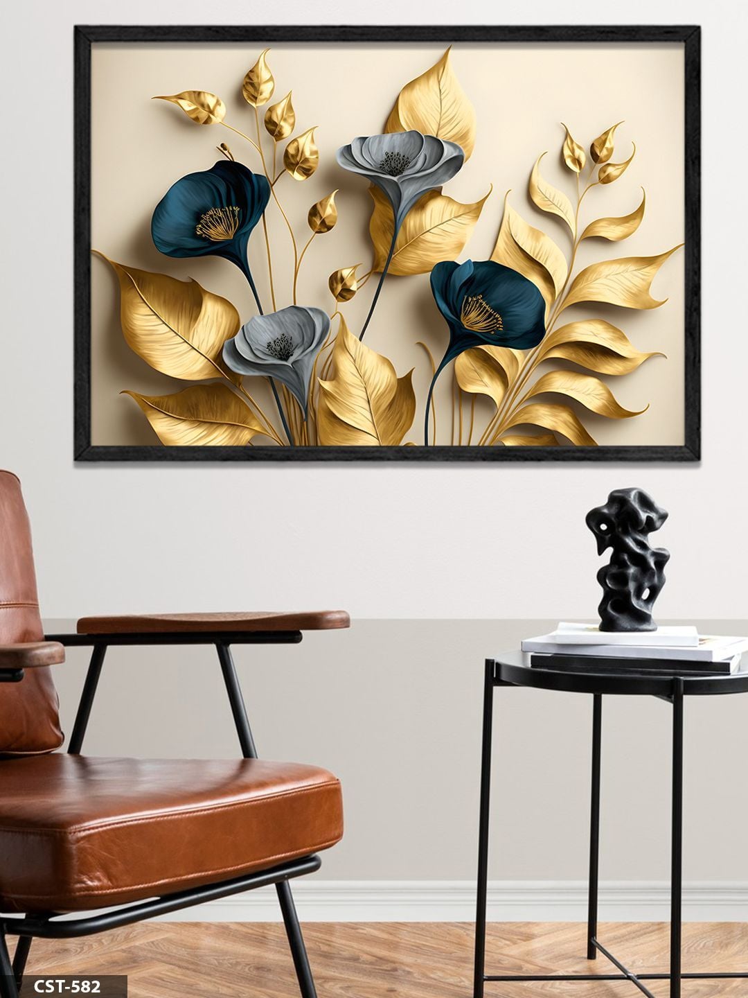 Zarif Altın Ve Mavi Çiçekler Tek Parça Ahşap Çerçeveli Tablo Siyah - 40 x 60 CM