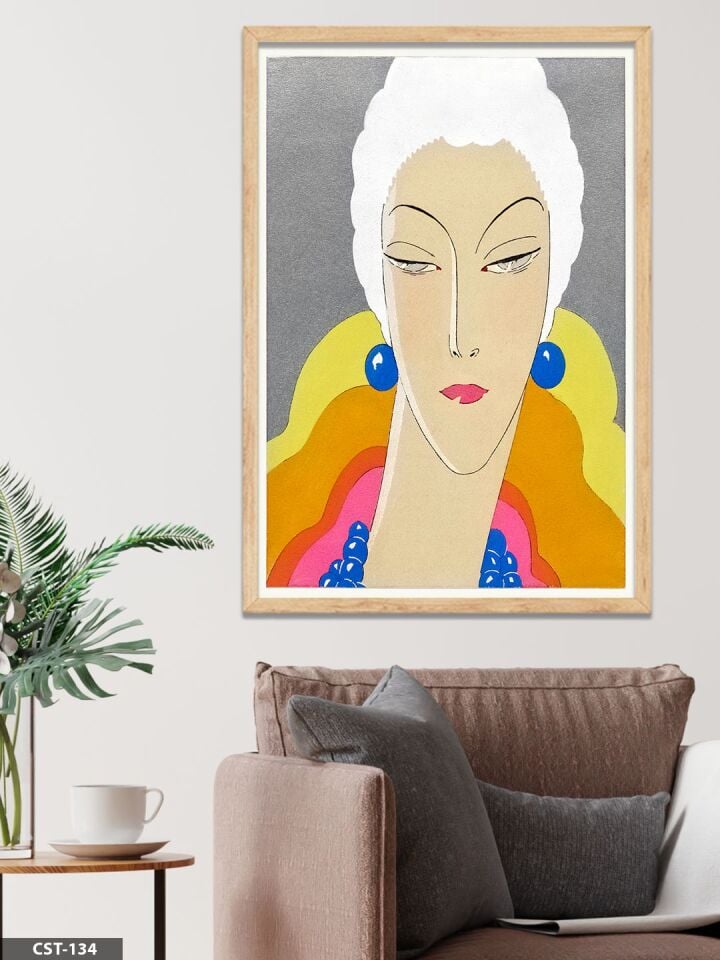 Renkli Yüz Portresi illüstrasyon Tek Parça Ahşap Çerçeveli Tablo Naturel - 20 x 30 CM