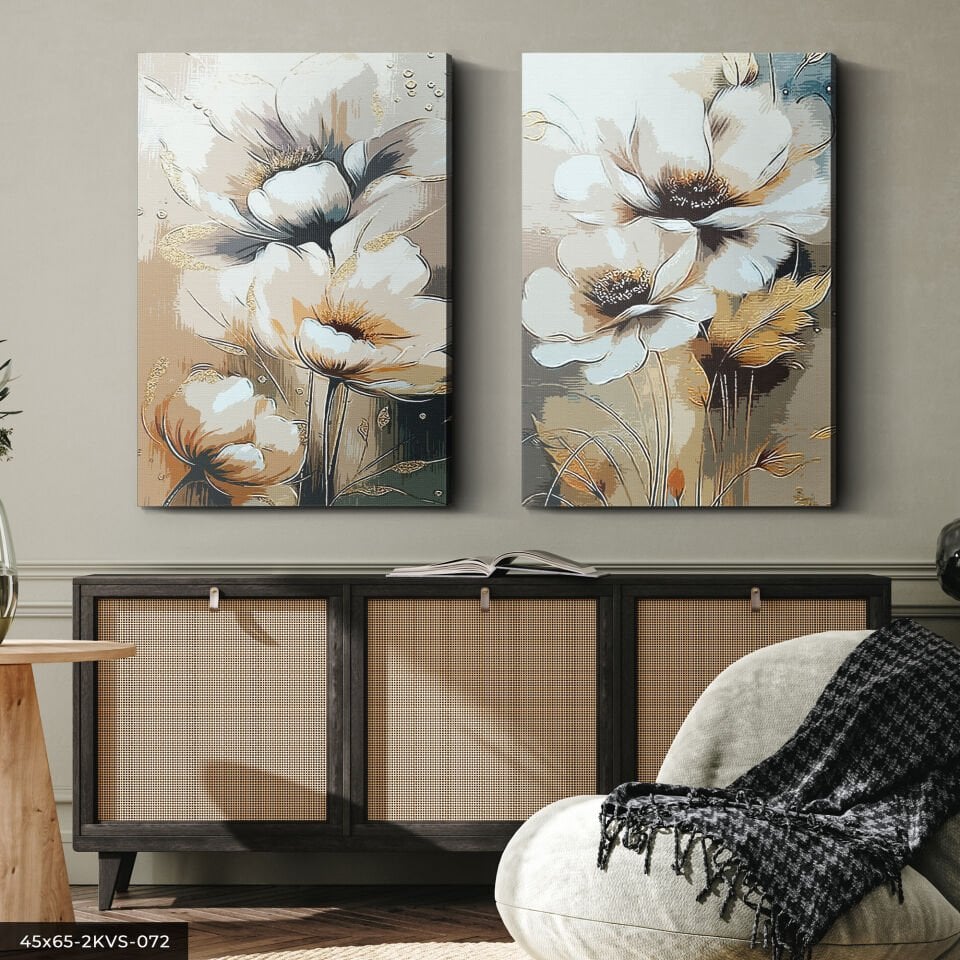 Gold Yapraklı Çiçek 2 Parça Kanvas - Canvas Tablo