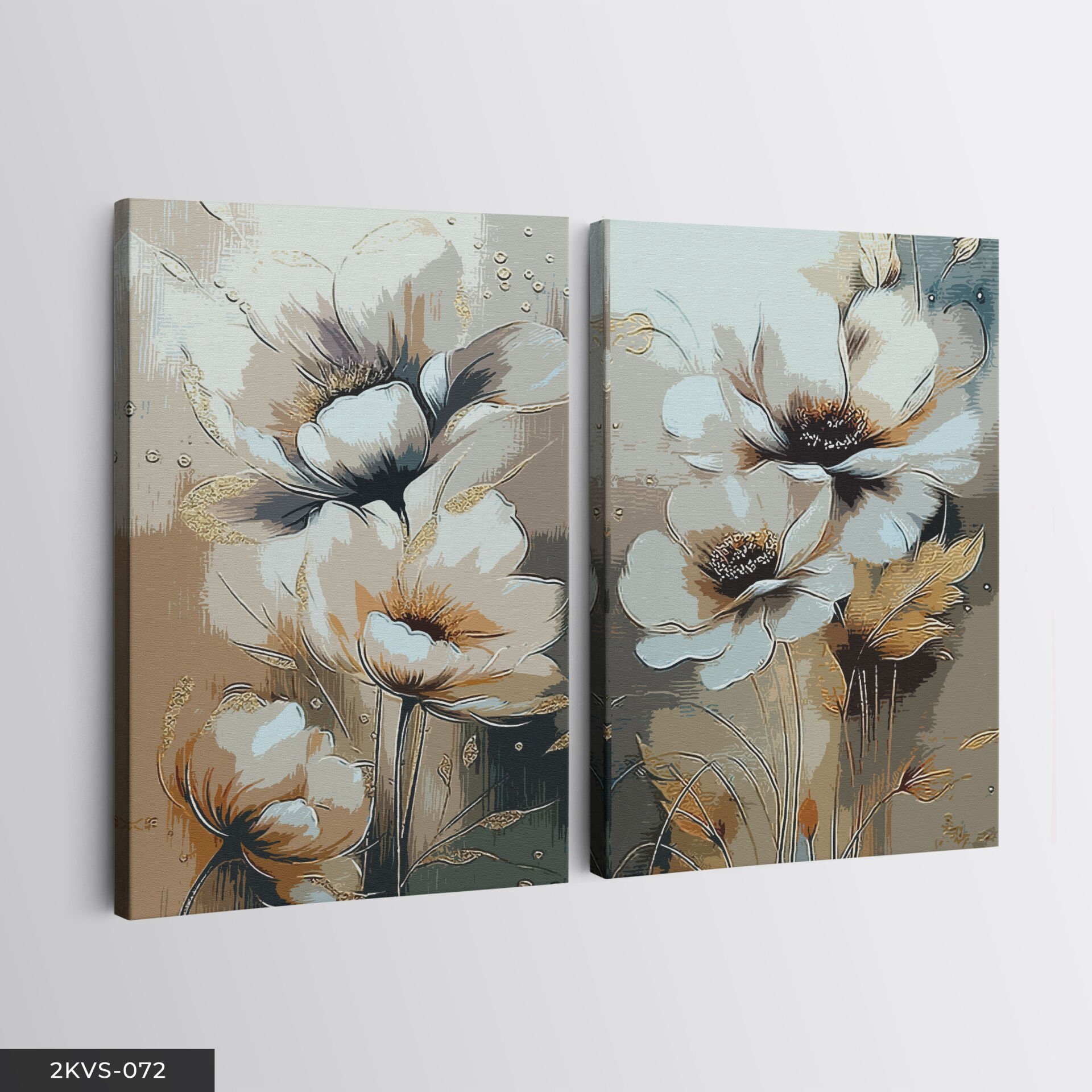 Gold Yapraklı Çiçek 2 Parça Kanvas - Canvas Tablo