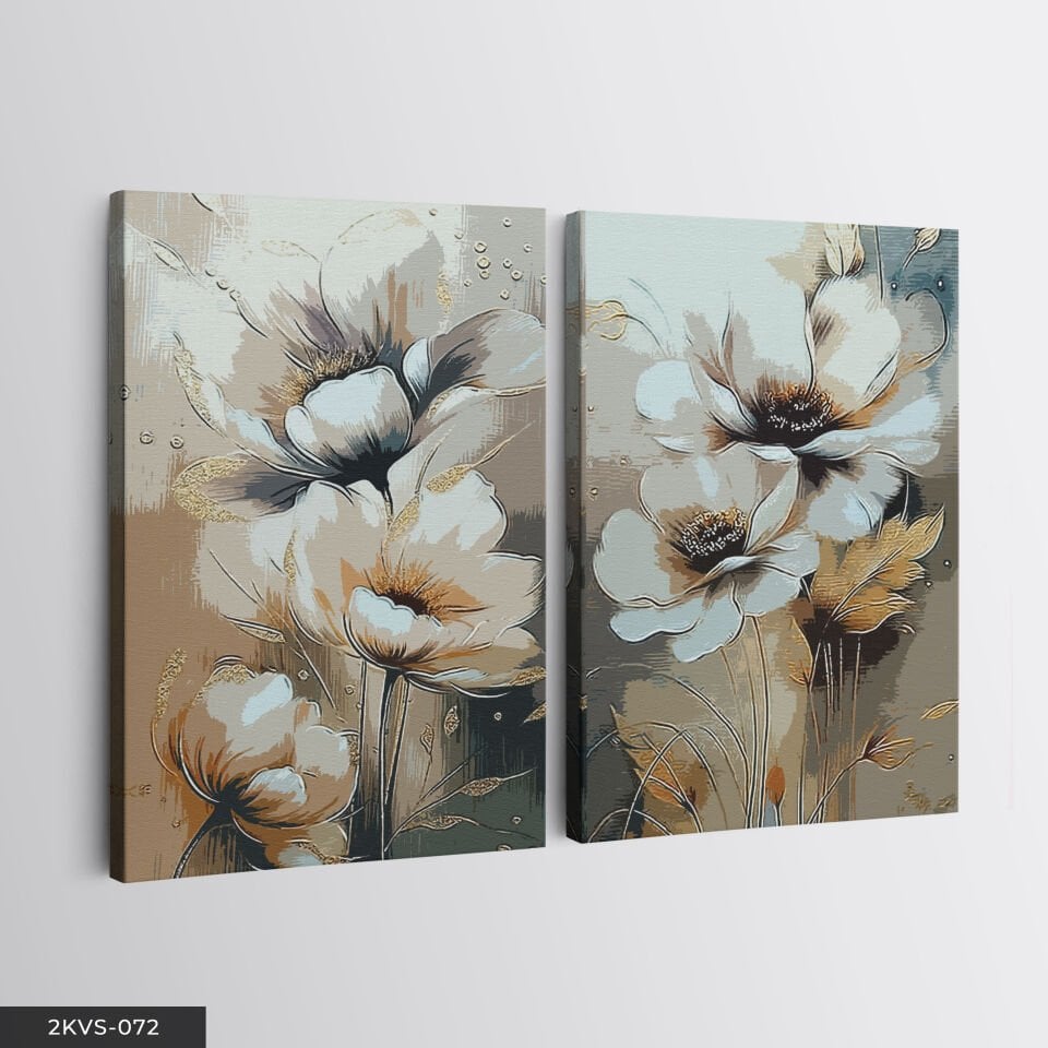 Gold Yapraklı Çiçek 2 Parça Kanvas - Canvas Tablo