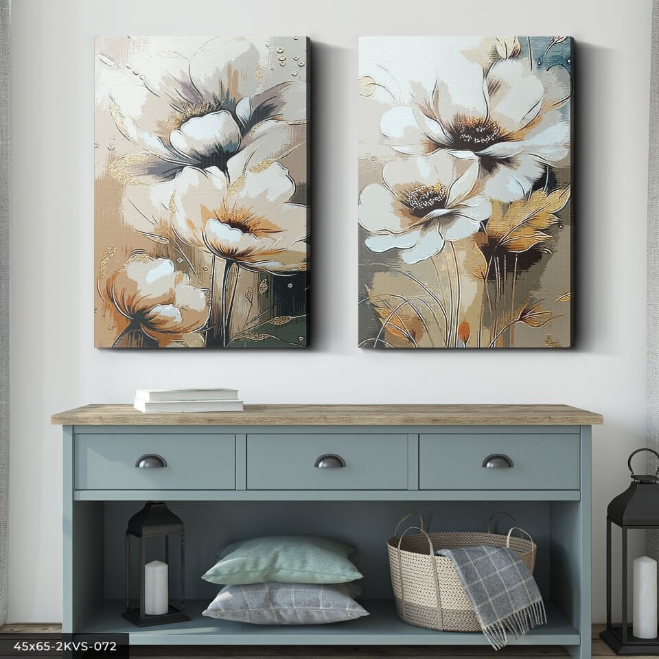 Gold Yapraklı Çiçek 2 Parça Kanvas - Canvas Tablo