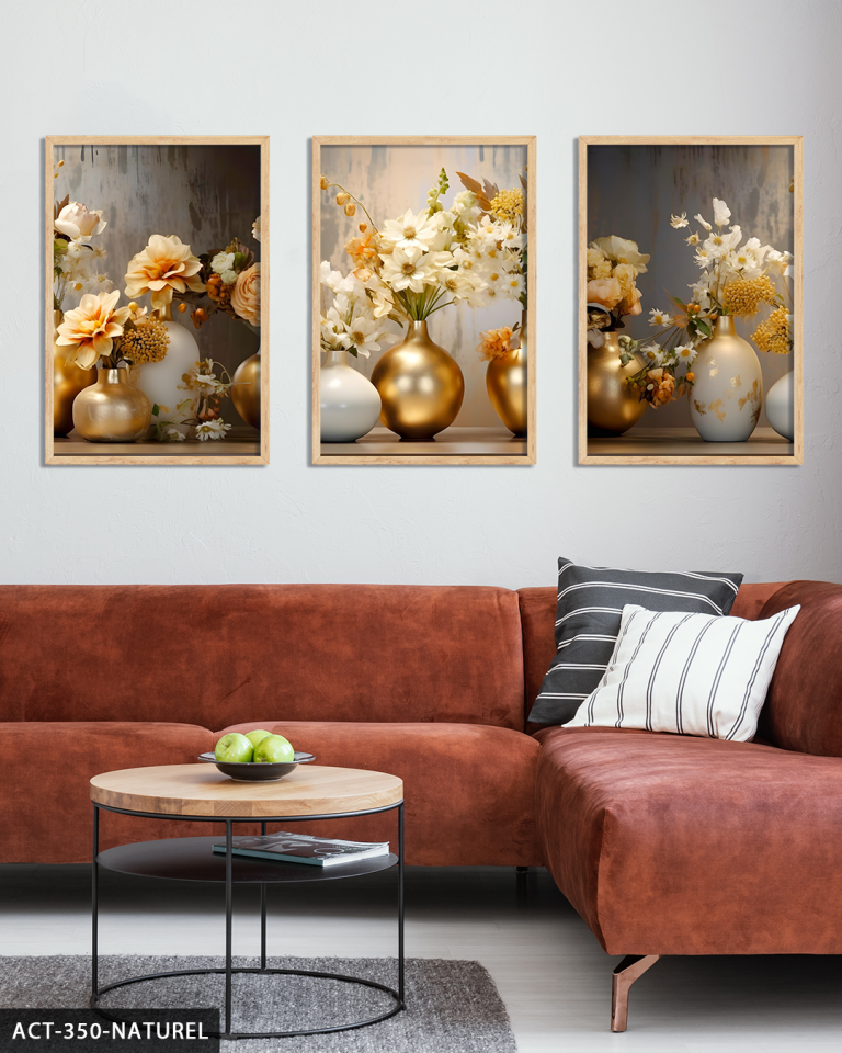Gold Vazoda Çiçekler 3 Parça Ahşap Çerçeveli Tablo ACT Naturel - 20 x 30 CM