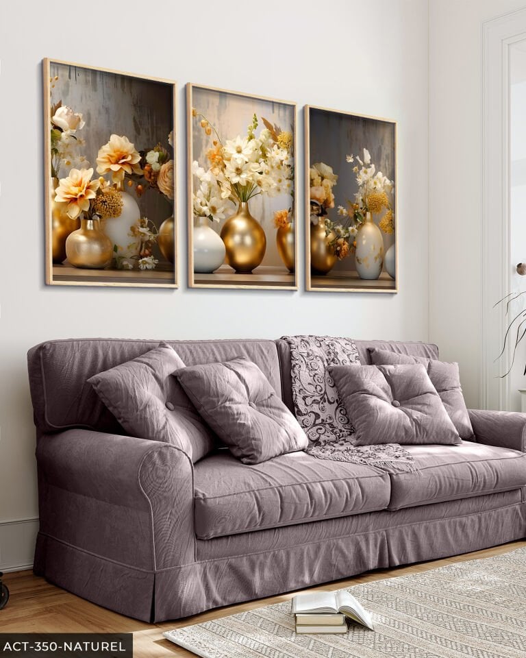 Gold Vazoda Çiçekler 3 Parça Ahşap Çerçeveli Tablo ACT Naturel - 20 x 30 CM