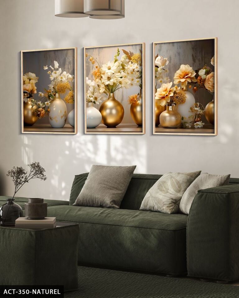 Gold Vazoda Çiçekler 3 Parça Ahşap Çerçeveli Tablo ACT Naturel - 20 x 30 CM