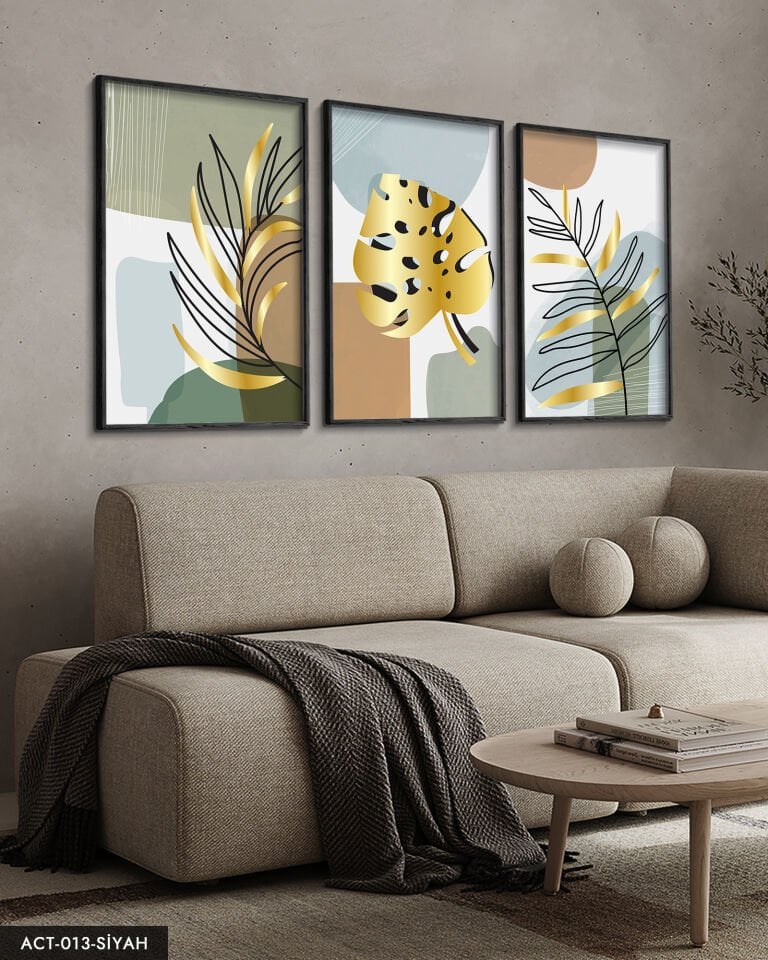 Gold, Beyaz, Tüy, Yaprak, 3 Parça Ahşap Çerçeveli Tablo ACT