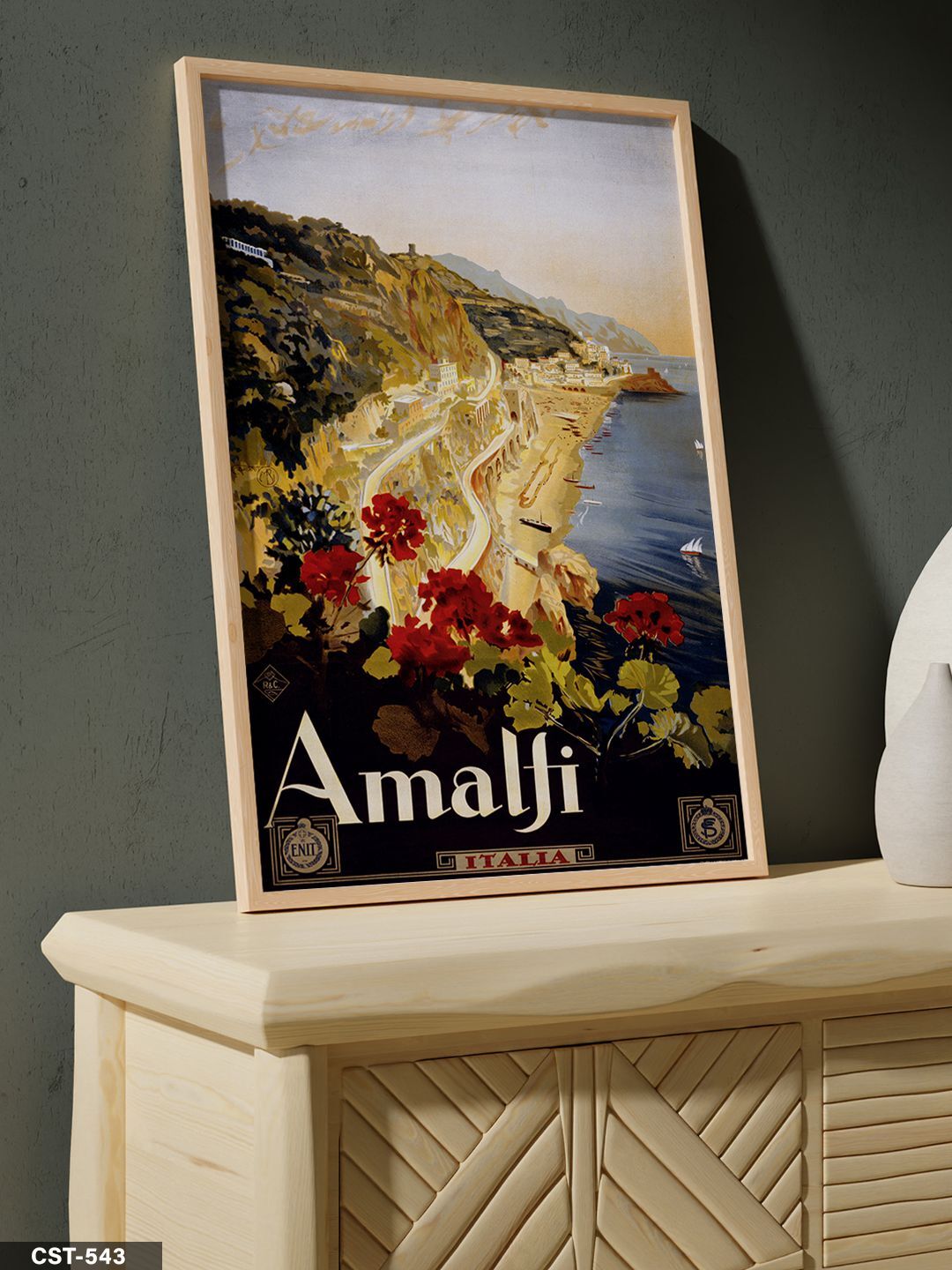 Amalfi İtalya Afişi Tek Parça Ahşap Çerçeveli Tablo Naturel - 30 x 40 CM